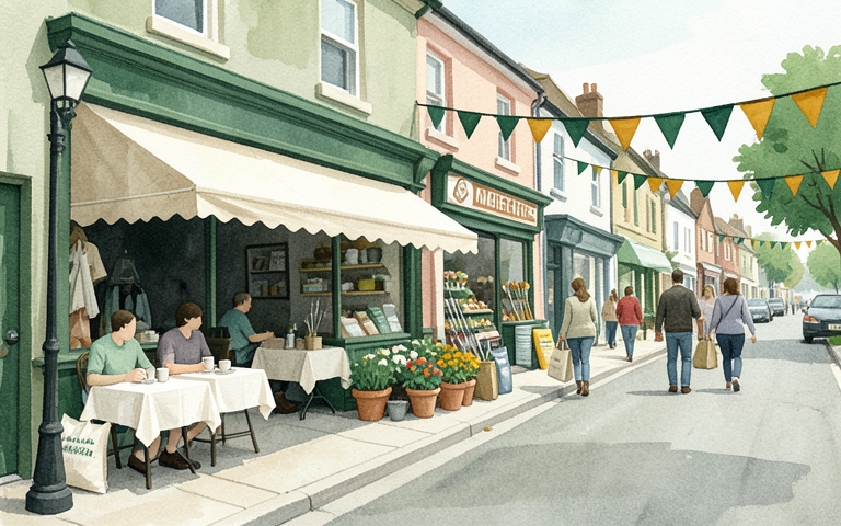 A busy small-town main street on a Saturday morning, shoppers outside a café