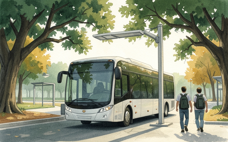 An illustration for this edition's lead story: Overhead Fast Chargers Power Up Two New Transit Hubs
