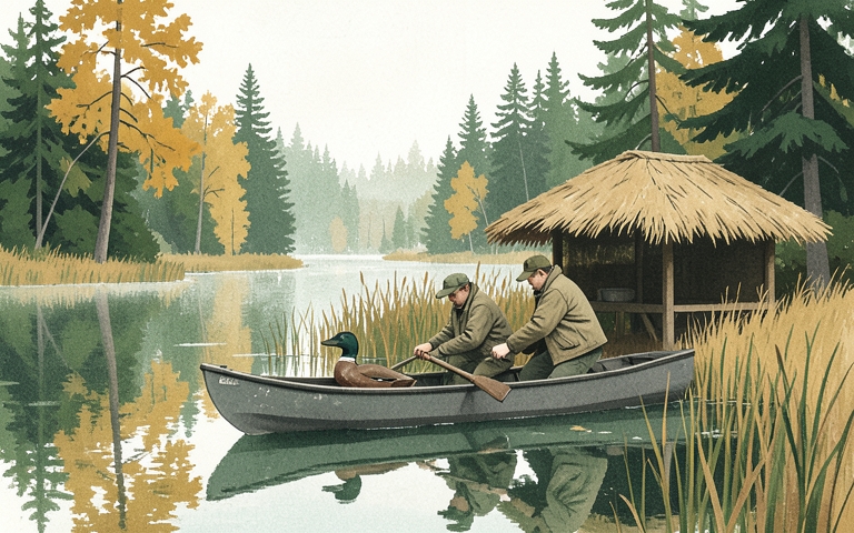 An illustration for this edition's lead story: Advance Reservations Now Open for Lakeside Waterfowl Blinds