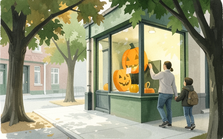 An illustration for this edition's lead story: Orange Pumpkins Pop Up Across Downtown Windows