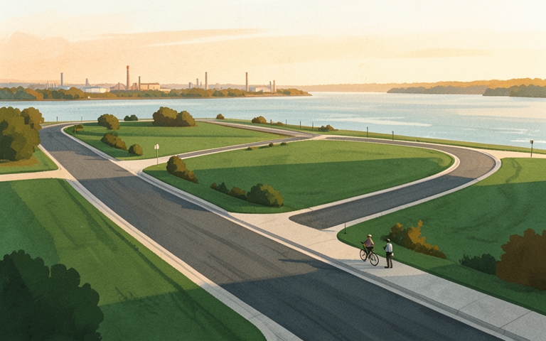 An illustration for this edition's lead story: Riverfront Land Transfer Clears Path for New Neighborhood