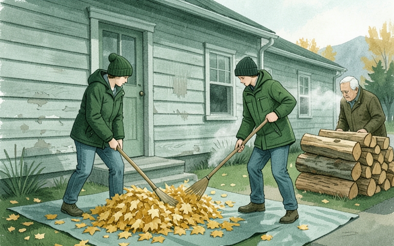 An illustration for this edition's lead story: High School Work Crews Fan Out Wednesday for Pre-Winter Chores