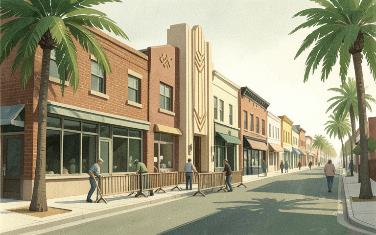 An illustration for this edition's lead story: Historic Main Street Bank Clears Space for Sidewalk Dining