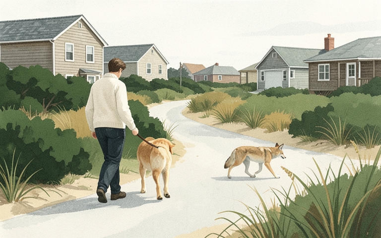 An illustration for this edition's lead story: How to Tell if a Coastal Coyote Is Escorting or Stalking