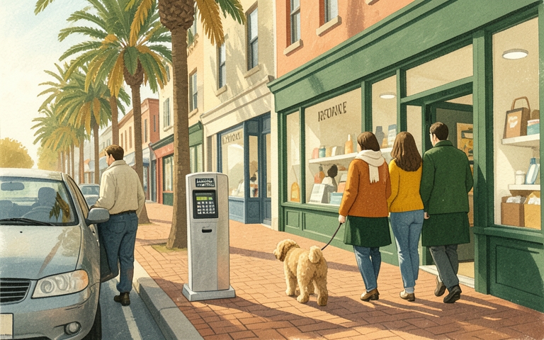 An illustration for this edition's lead story: Downtown Parking Pilot Faces City Council Review Tonight